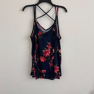 Papermoon Women Navy Floral Crisscross Back Sleeveless Tank Top Size 2X
